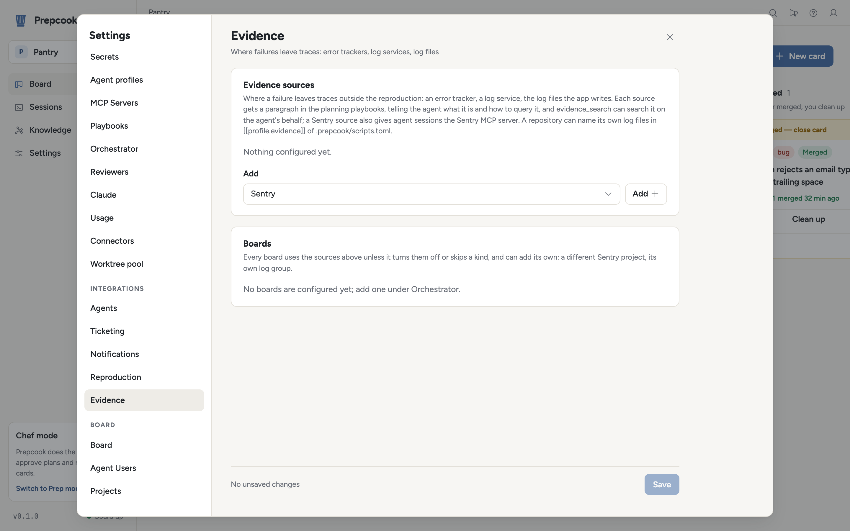 Settings → Integrations → Evidence: the evidence sources list with the Add menu