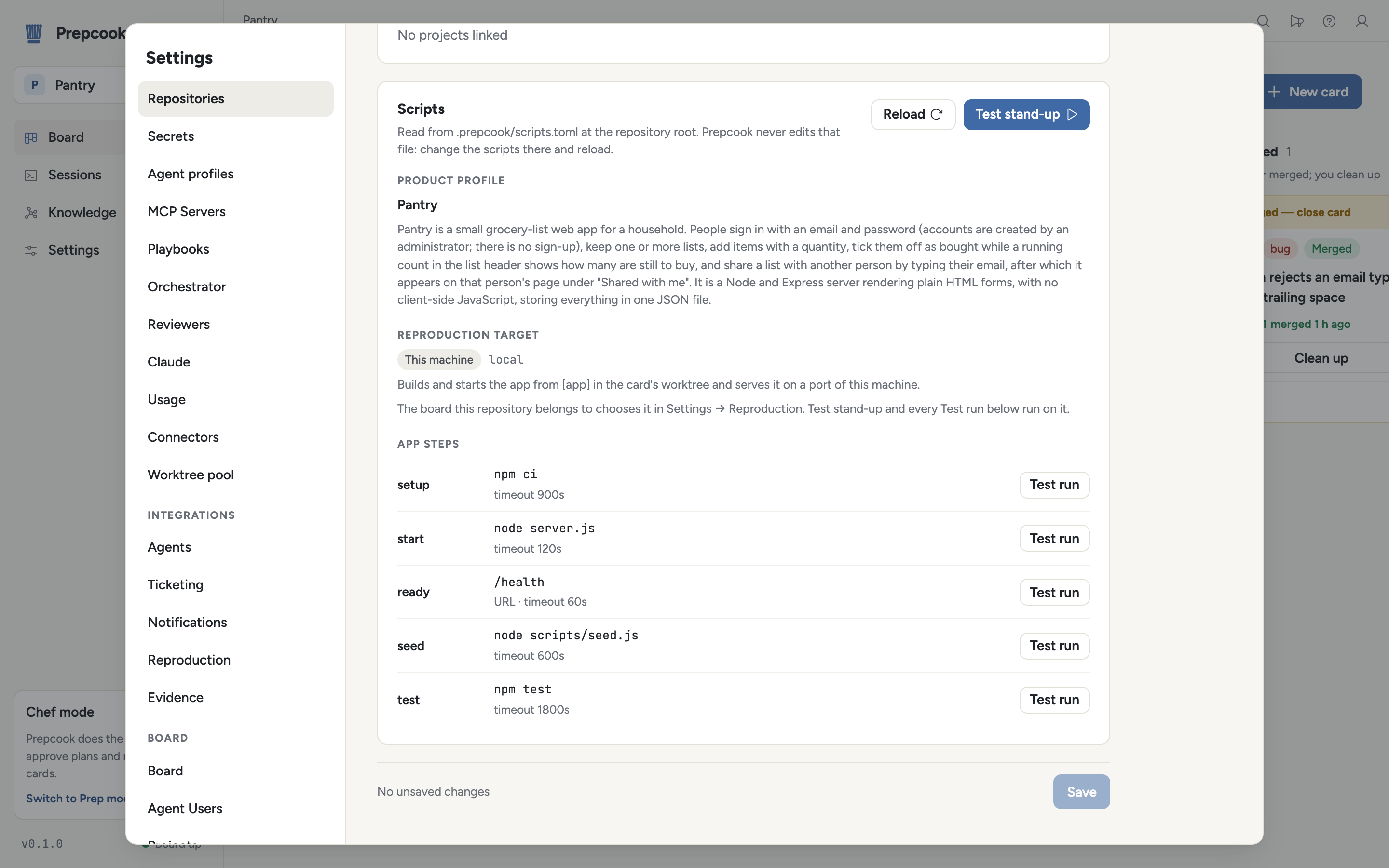Settings → Repositories with the Pantry demo selected: the product profile, the reproduction target and the app steps from .prepcook/scripts.toml, each with a Test run button
