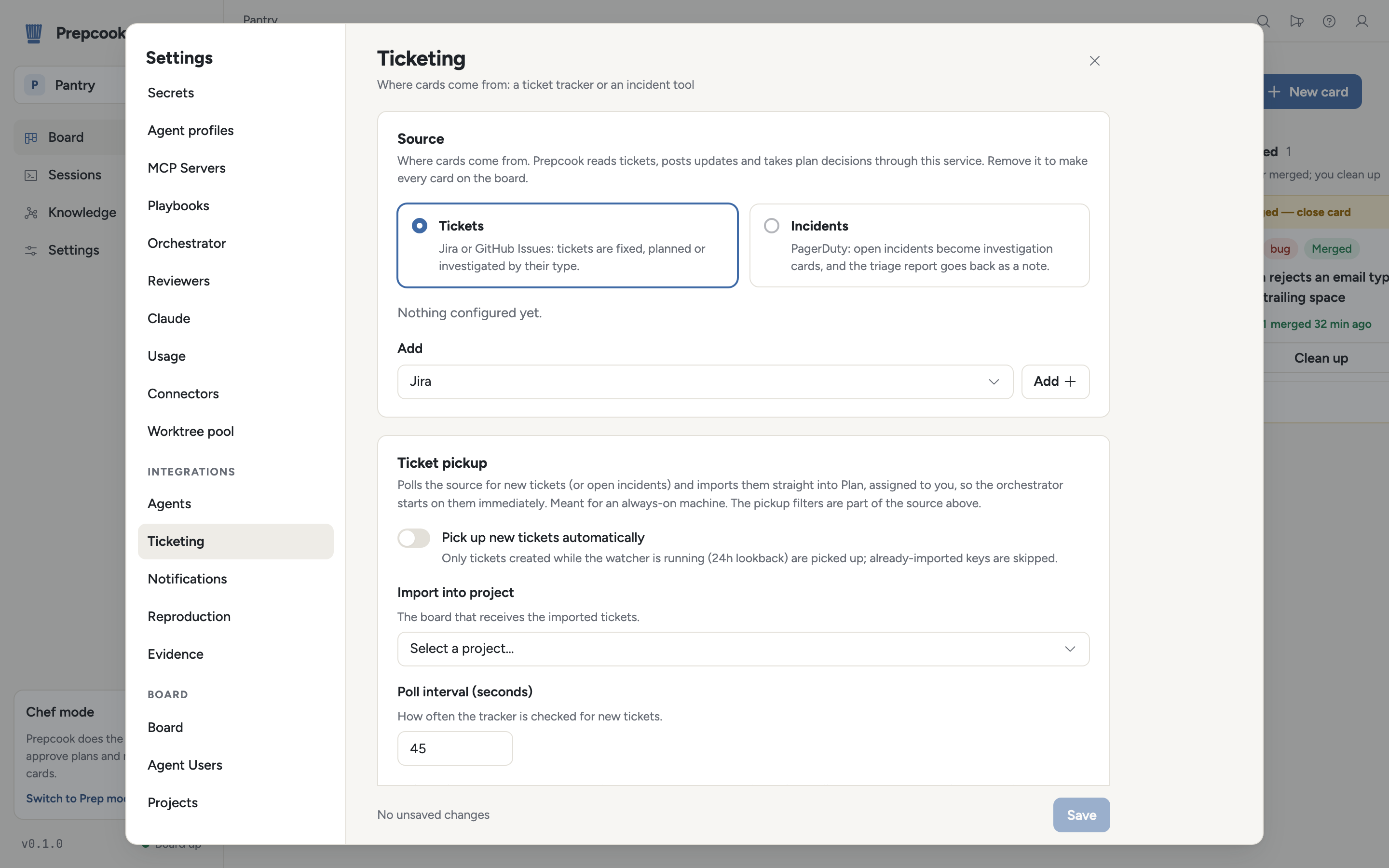 Settings → Integrations → Ticketing: the Tickets / Incidents switch, the source provider block and the pickup settings